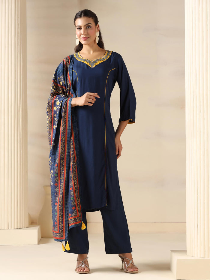 Women Liva Navy Blue Solid Kurta Comfort Pant Dupatta.