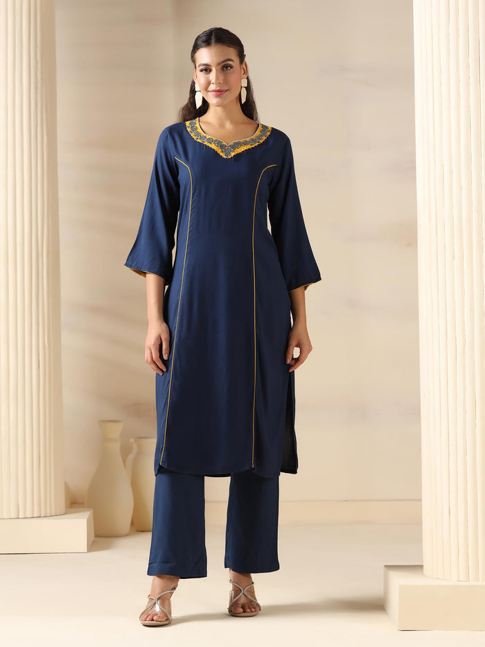 Women Liva Navy Blue Solid Kurta Comfort Pant Dupatta.
