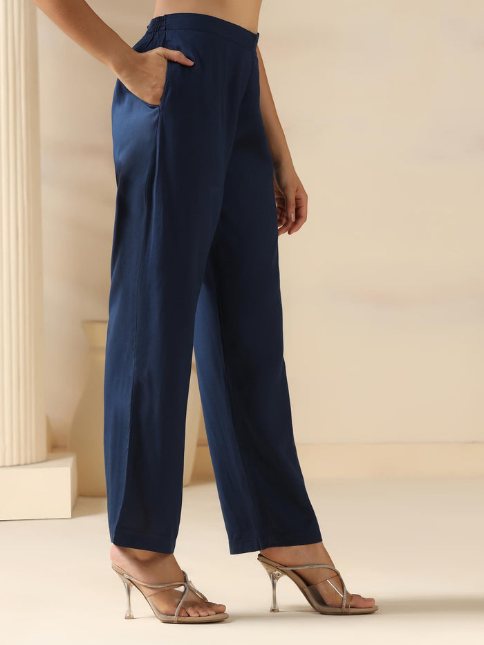 Women Liva Navy Blue Solid Kurta Comfort Pant Dupatta.