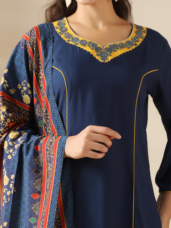 Women Liva Navy Blue Solid Kurta Comfort Pant Dupatta.
