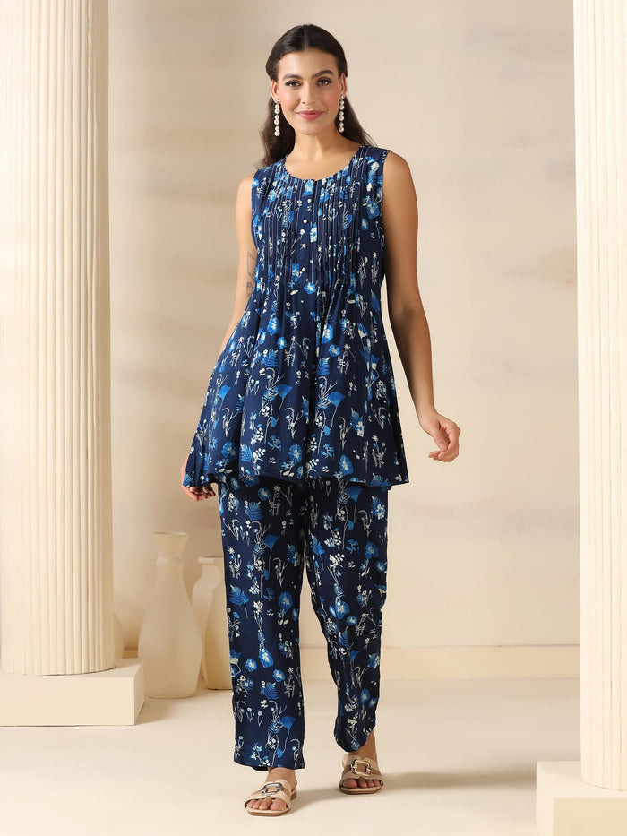 Women Liva Navy Blue Tropical Print Co-Ord Set.