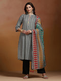 Women Liva Off White and Black Printed Kurta Comfort Pant Dupatta.