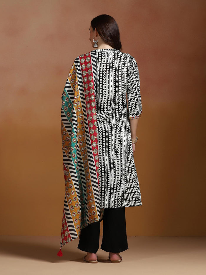 Women Liva Off White and Black Printed Kurta Comfort Pant Dupatta.