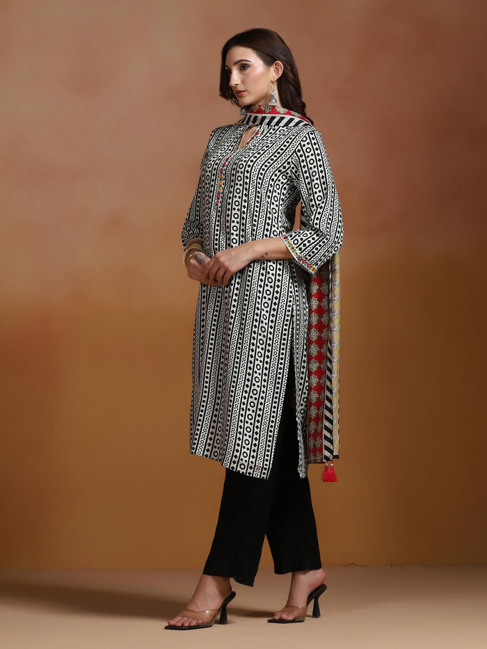 Women Liva Off White and Black Printed Kurta Comfort Pant Dupatta.