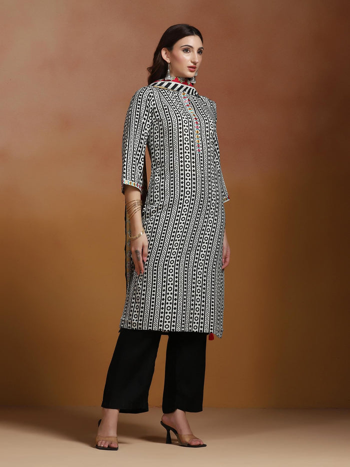 Women Liva Off White and Black Printed Kurta Comfort Pant Dupatta.
