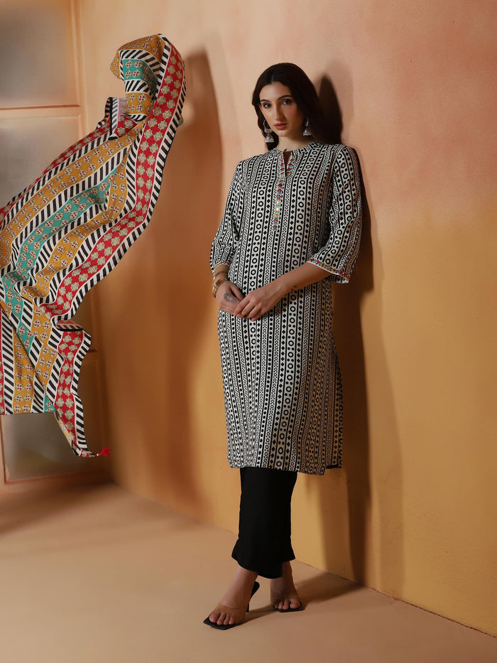 Women Liva Off White and Black Printed Kurta Comfort Pant Dupatta.