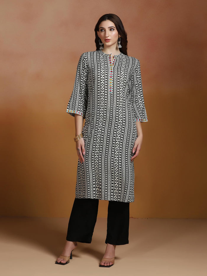 Women Liva Off White and Black Printed Kurta Comfort Pant Dupatta.