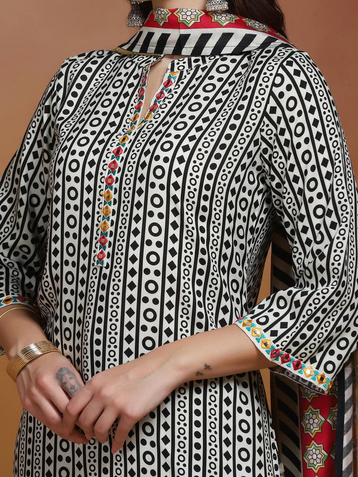 Women Liva Off White and Black Printed Kurta Comfort Pant Dupatta.