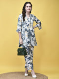 Women Liva Off White and Blue Abstract Print Co-Ord Set.