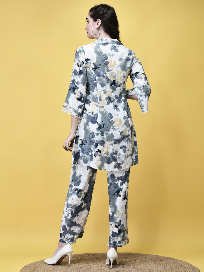 Women Liva Off White and Blue Abstract Print Co-Ord Set.