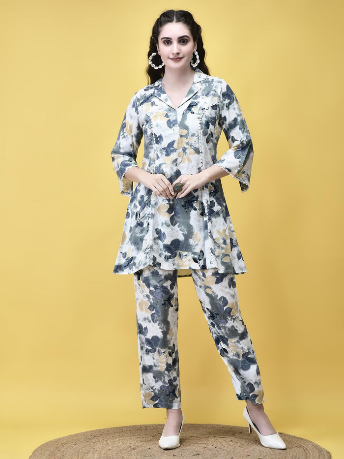Women Liva Off White and Blue Abstract Print Co-Ord Set.