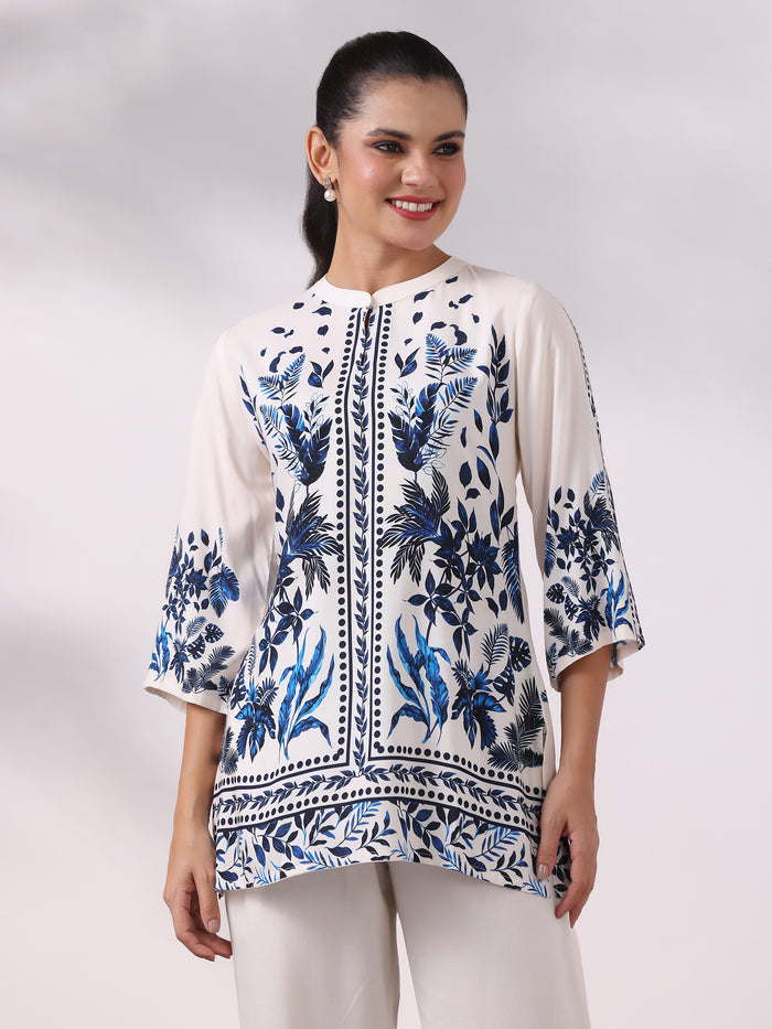 Women Liva Off White and Blue Floral Print Tunic