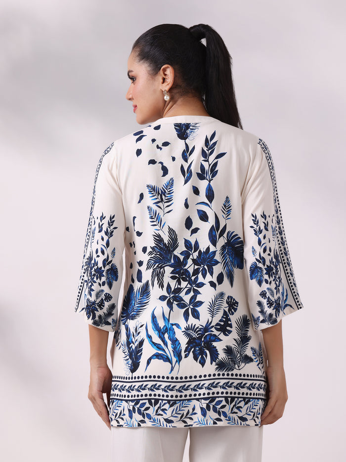 Women Liva Off White and Blue Floral Print Tunic