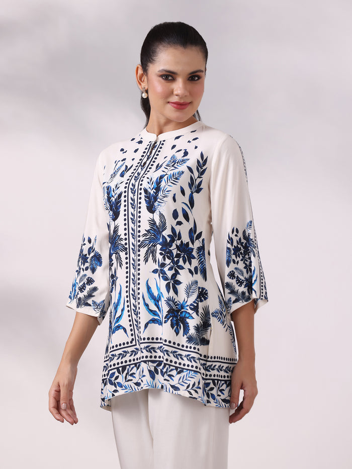 Women Liva Off White and Blue Floral Print Tunic