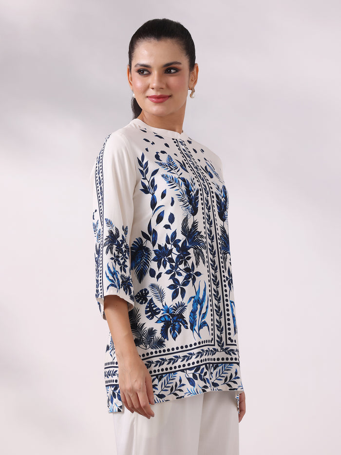 Women Liva Off White and Blue Floral Print Tunic