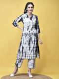Women Liva Off White and Blue Geometric Print Kurta With Comfort Pant.