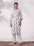 Women Liva Off White and Blue Printed Kurta