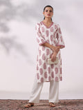 Women Liva Off White and Maroon Printed Kurta
