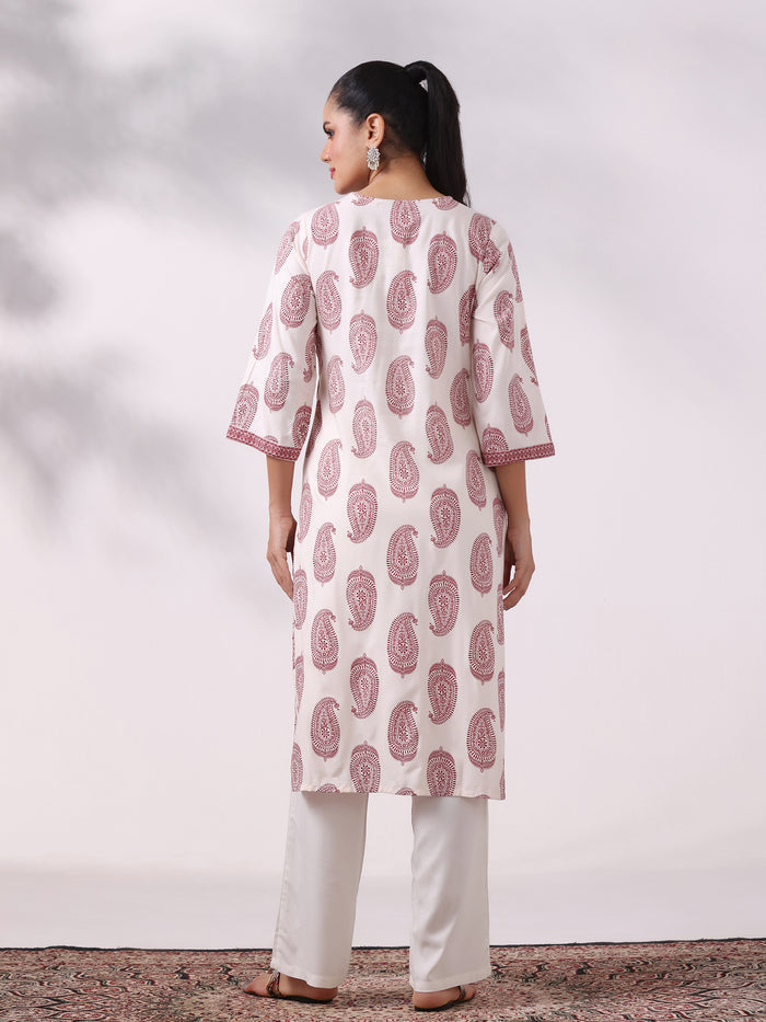 Women Liva Off White and Maroon Printed Kurta