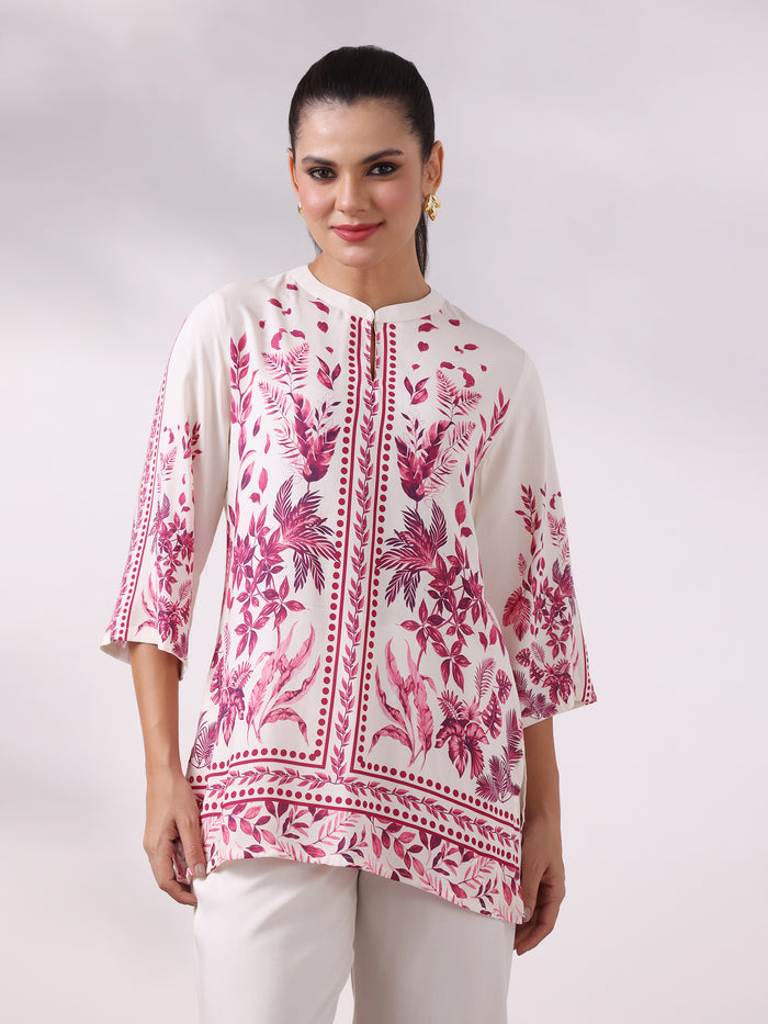Women Liva Off White and Pink Floral Print Tunic