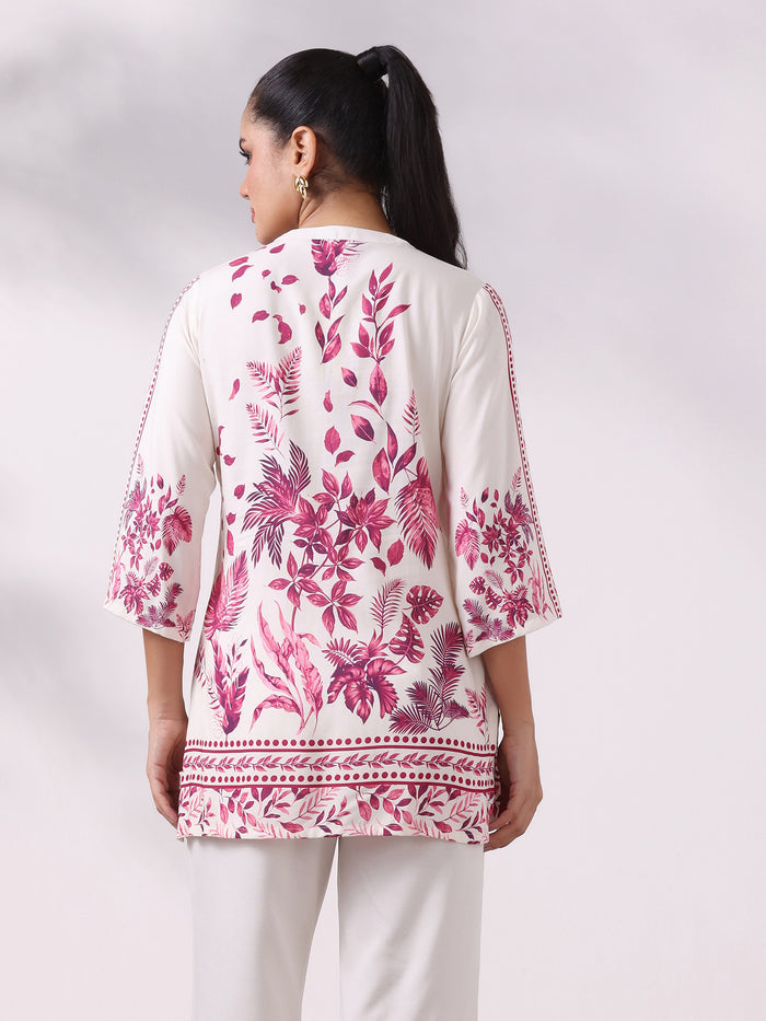 Women Liva Off White and Pink Floral Print Tunic