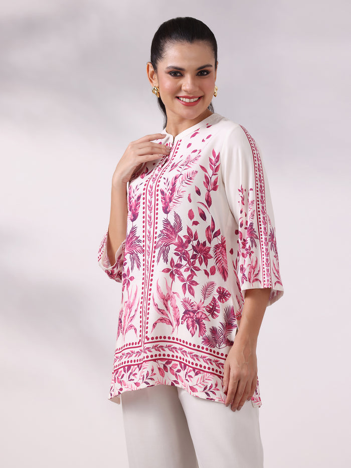 Women Liva Off White and Pink Floral Print Tunic