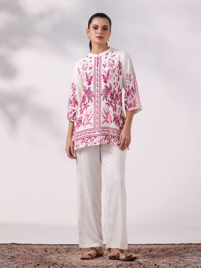 Women Liva Off White and Pink Floral Print Tunic