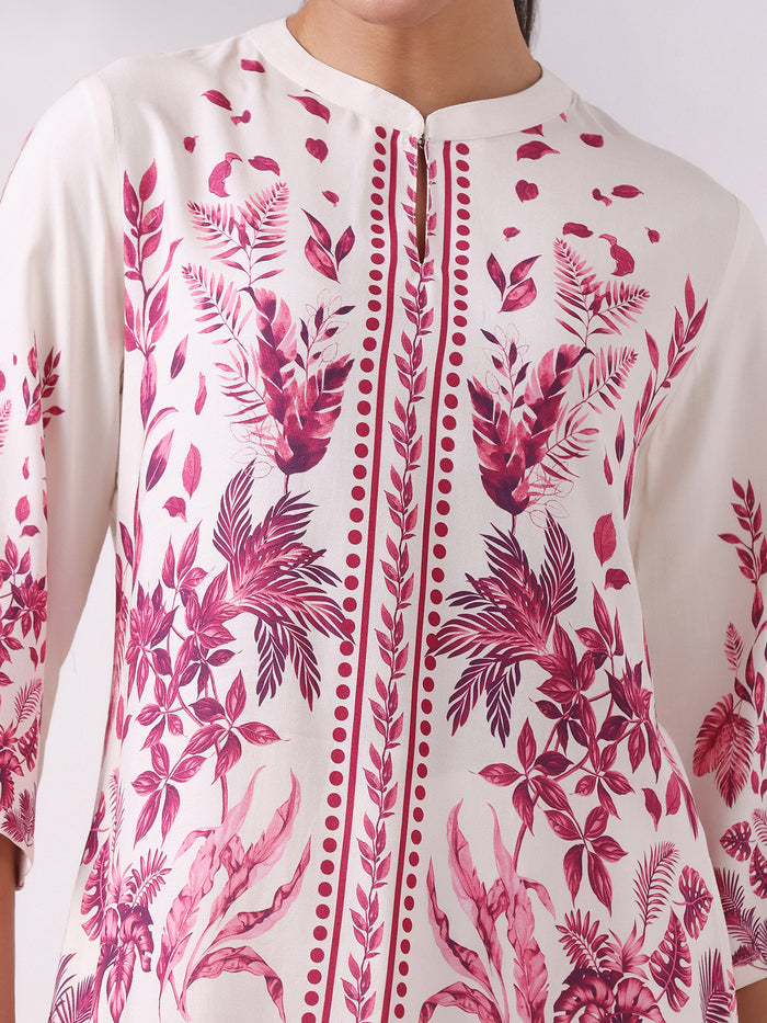 Women Liva Off White and Pink Floral Print Tunic