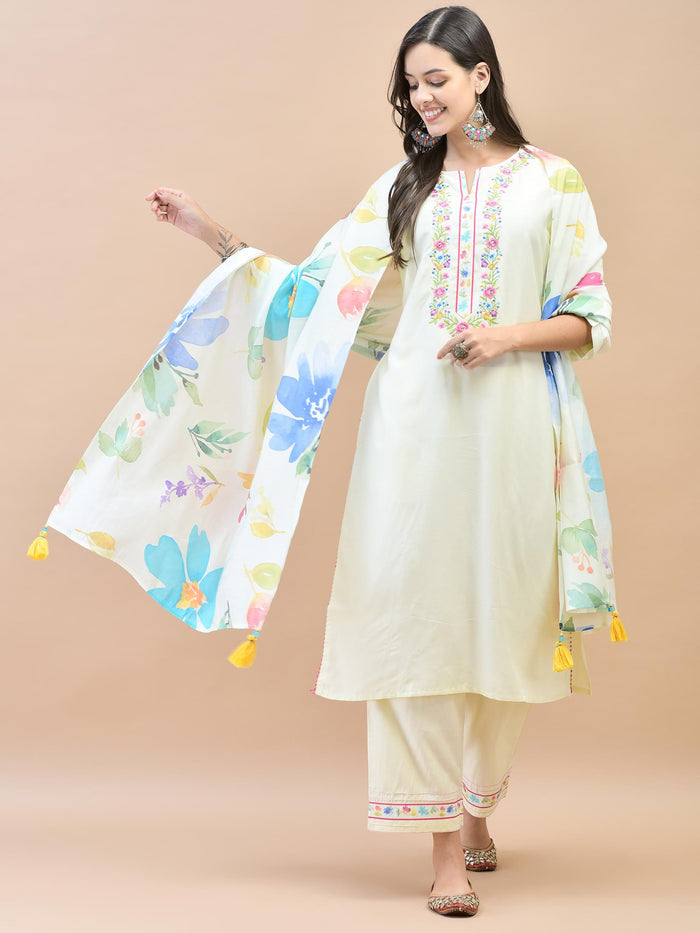 Women Liva Off White Embroidered Kurta Comfort Pant Dupatta.