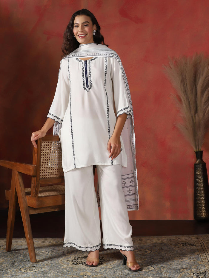 Women Liva Off White Embroidered Kurta Comfort Pant Dupatta.