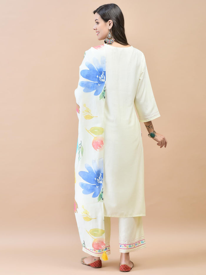 Women Liva Off White Embroidered Kurta Comfort Pant Dupatta.