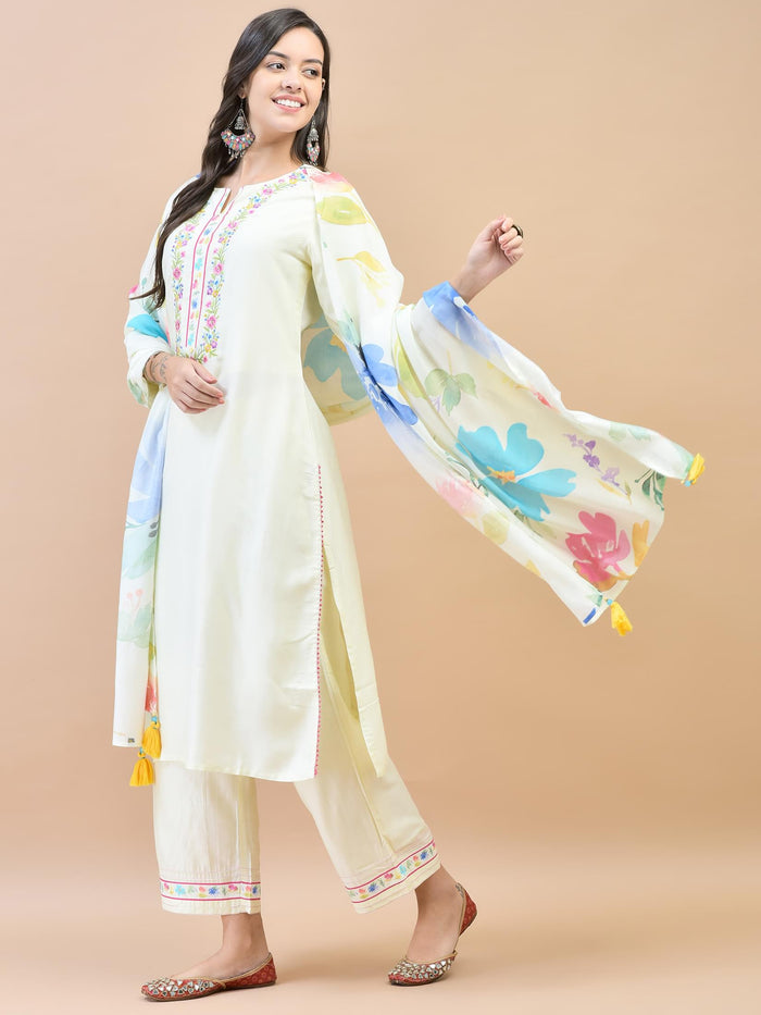 Women Liva Off White Embroidered Kurta Comfort Pant Dupatta.