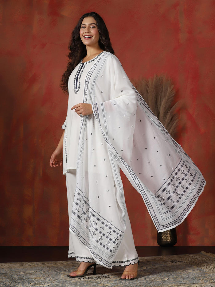 Women Liva Off White Embroidered Kurta Comfort Pant Dupatta.