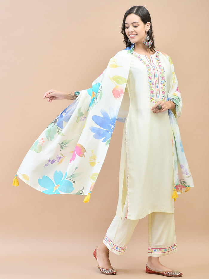 Women Liva Off White Embroidered Kurta Comfort Pant Dupatta.