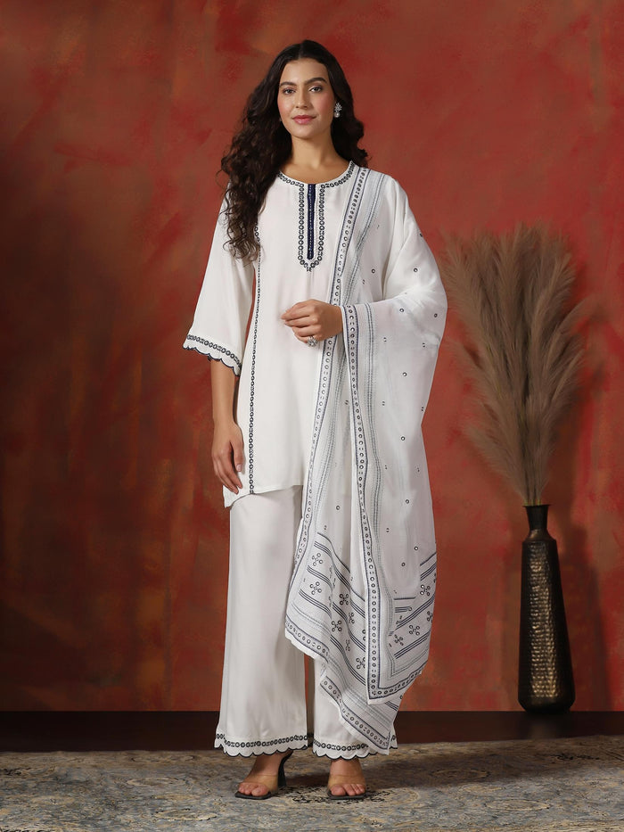 Women Liva Off White Embroidered Kurta Comfort Pant Dupatta.