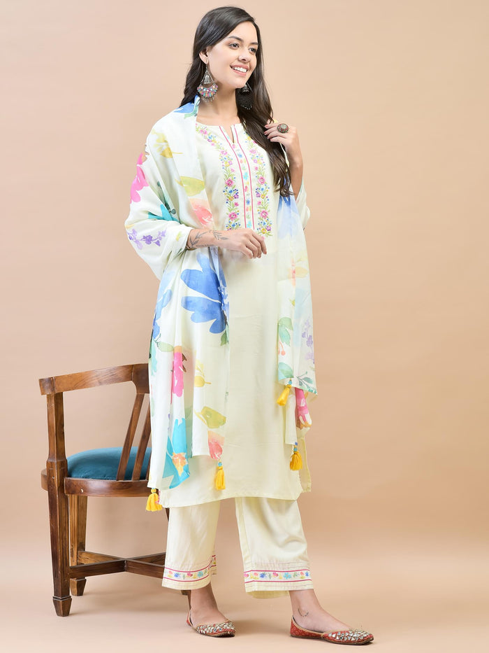 Women Liva Off White Embroidered Kurta Comfort Pant Dupatta.
