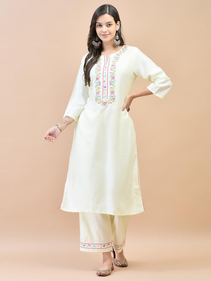 Women Liva Off White Embroidered Kurta Comfort Pant Dupatta.