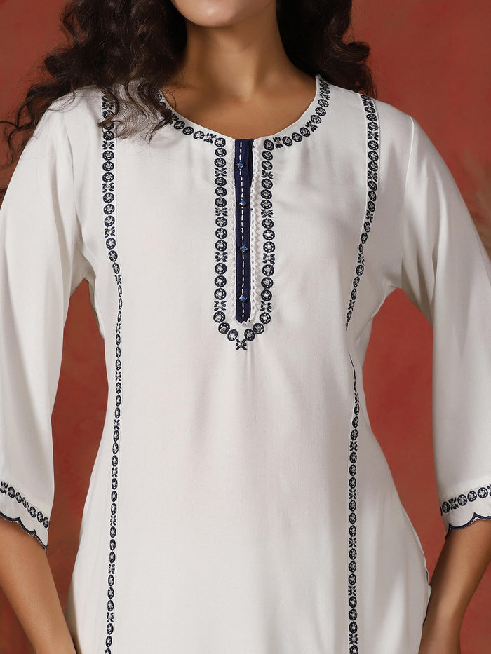 Women Liva Off White Embroidered Kurta Comfort Pant Dupatta.
