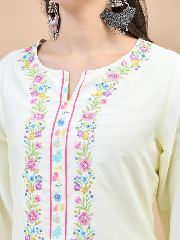 Women Liva Off White Embroidered Kurta Comfort Pant Dupatta.