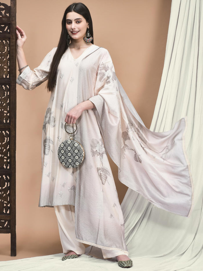 Women Liva Off White Floral Print Kurta Comfort Pant Dupatta.