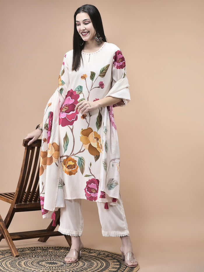 Women Liva Off White Floral Print Kurta Comfort Pant Dupatta.
