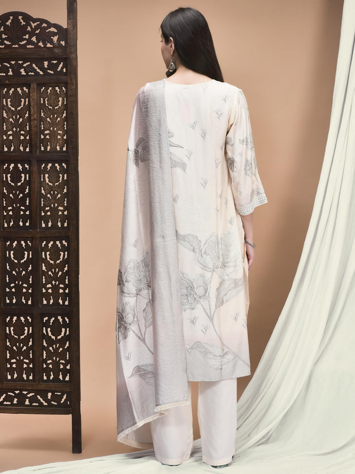 Women Liva Off White Floral Print Kurta Comfort Pant Dupatta.