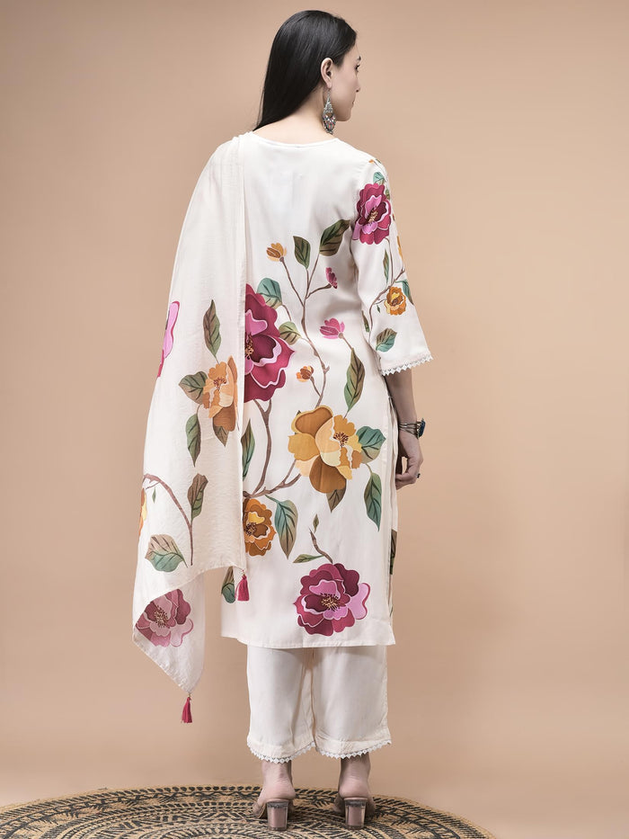 Women Liva Off White Floral Print Kurta Comfort Pant Dupatta.