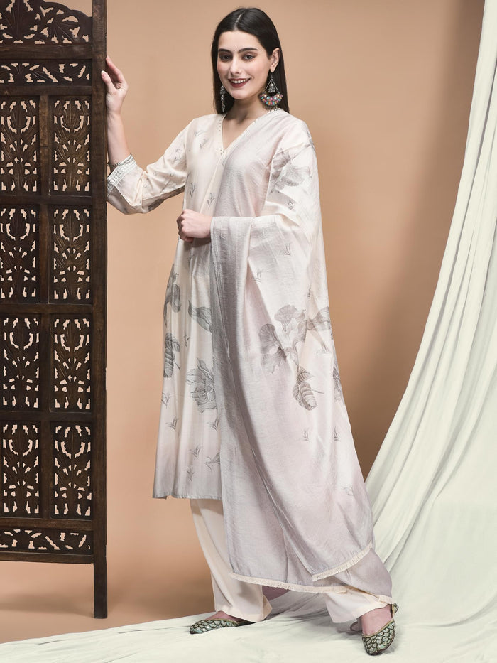 Women Liva Off White Floral Print Kurta Comfort Pant Dupatta.
