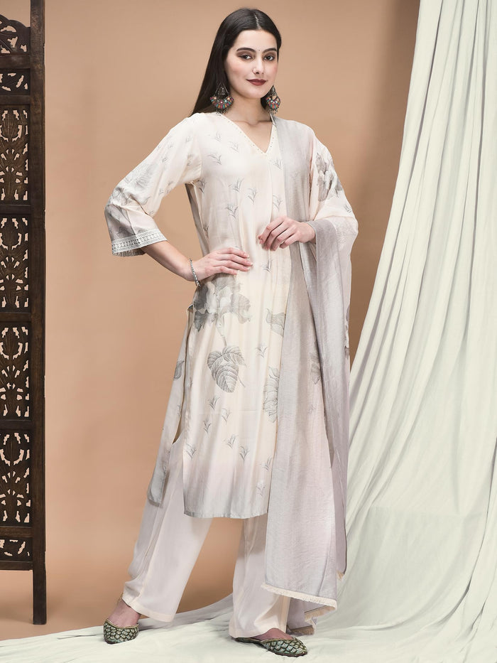 Women Liva Off White Floral Print Kurta Comfort Pant Dupatta.