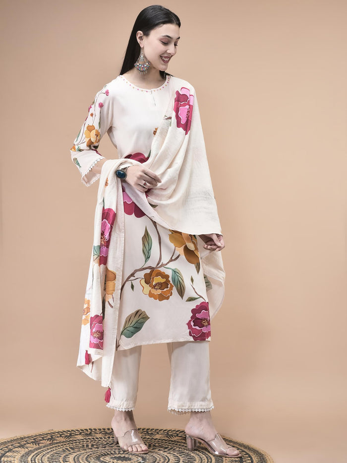 Women Liva Off White Floral Print Kurta Comfort Pant Dupatta.