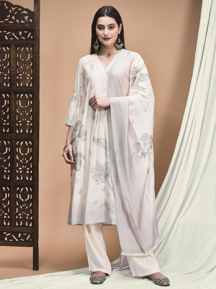 Women Liva Off White Floral Print Kurta Comfort Pant Dupatta.