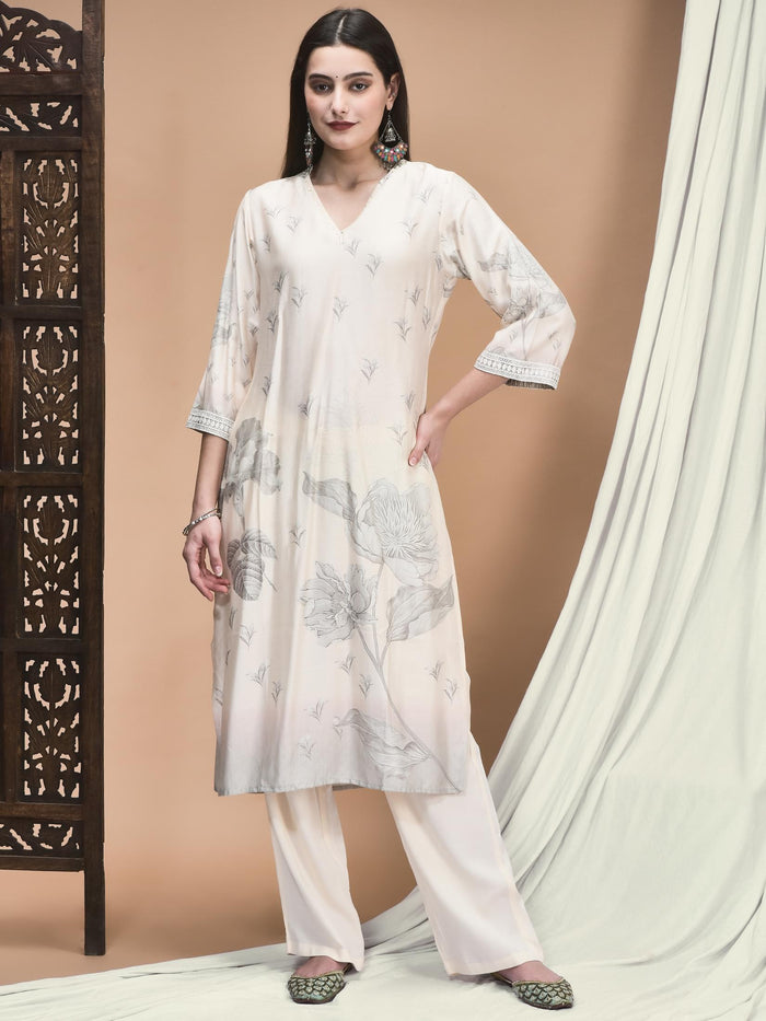 Women Liva Off White Floral Print Kurta Comfort Pant Dupatta.