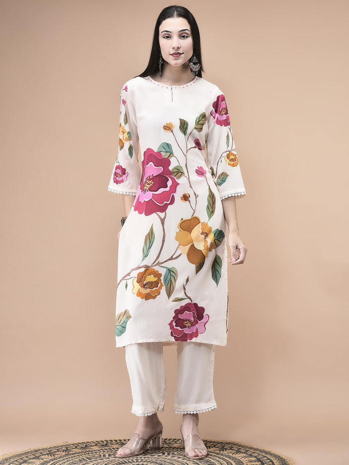 Women Liva Off White Floral Print Kurta Comfort Pant Dupatta.