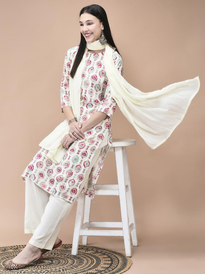 Women Liva Off White Ikat Print Kurta Comfort Pant Dupatta.